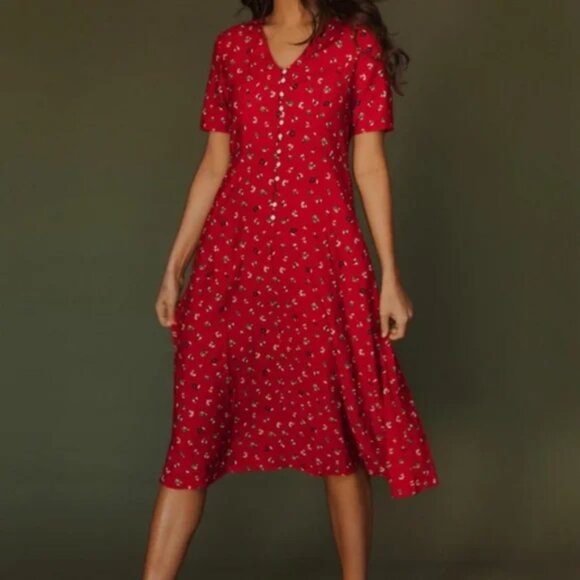 Ivy City Co womens Allie Dress Red Floral midi short sleeve button up size XS - Picture 1 of 9